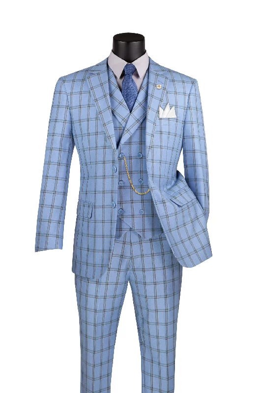 La Scale Collection-Windowpane Three Piece Suit - Light Blue