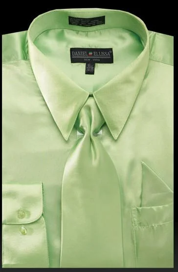 Men's Apple Green Satin Dress Shirt with Tie & Handkerchief