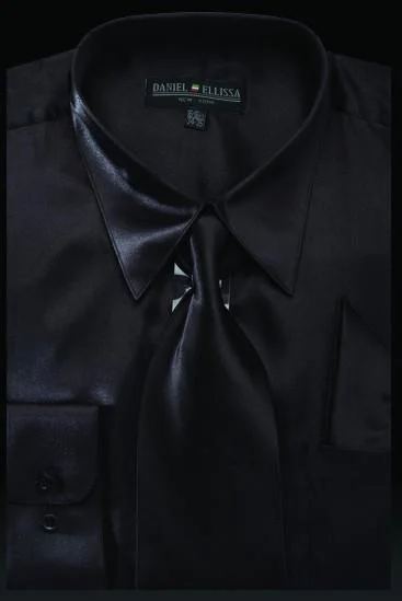 Men's Black Satin Dress Shirt with Tie & Handkerchief