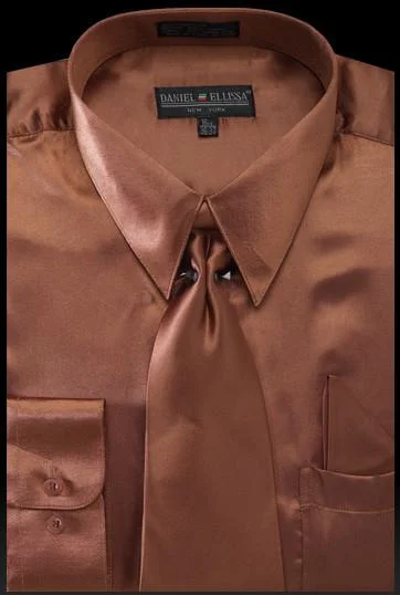 Men's Brown Satin Dress Shirt with Tie & Handkerchief