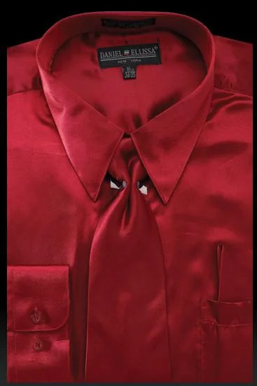 Men's Burgundy Satin Dress Shirt with Tie & Handkerchief