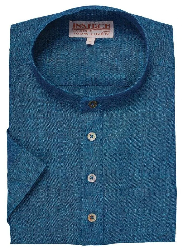 MEN'S DEEP SEA BLUE LINEN BANDED COLLAR POP OVER SHIRT BY INSERCH