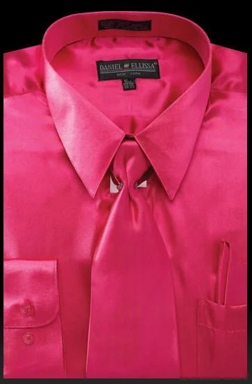 Men's Fuchsia Satin Dress Shirt with Tie & Handkerchief