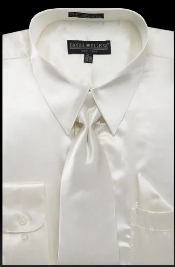 Men's Ivory Satin Dress Shirt with Tie & Handkerchief