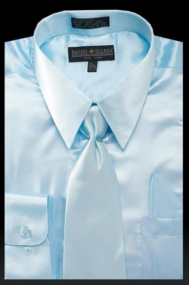 Men's Light Blue Satin Dress Shirt with Tie & Handkerchief