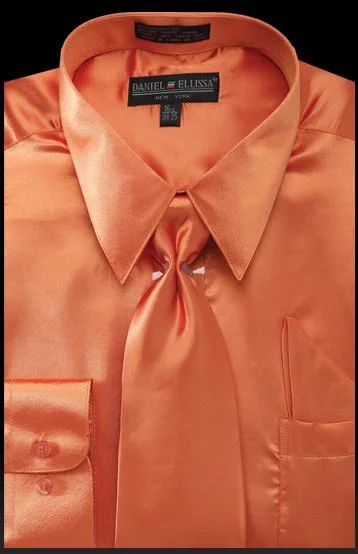 Men's Orange Satin Dress Shirt with Tie & Handkerchief