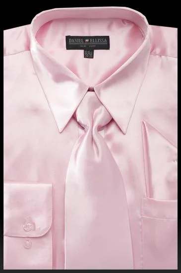 Men's Pink Satin Dress Shirt with Tie & Handkerchief