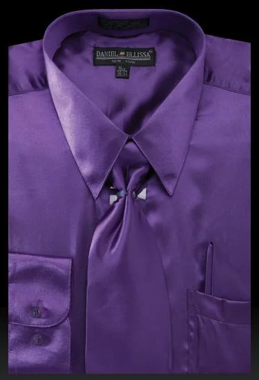 Men's Purple Satin Dress Shirt with Tie & Handkerchief