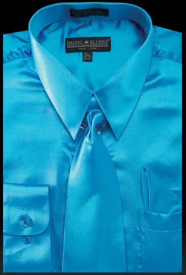 Men's Turquoise Satin Dress Shirt with Tie & Handkerchief