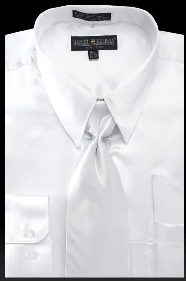 Men's White Satin Dress Shirt with Tie & Handkerchief