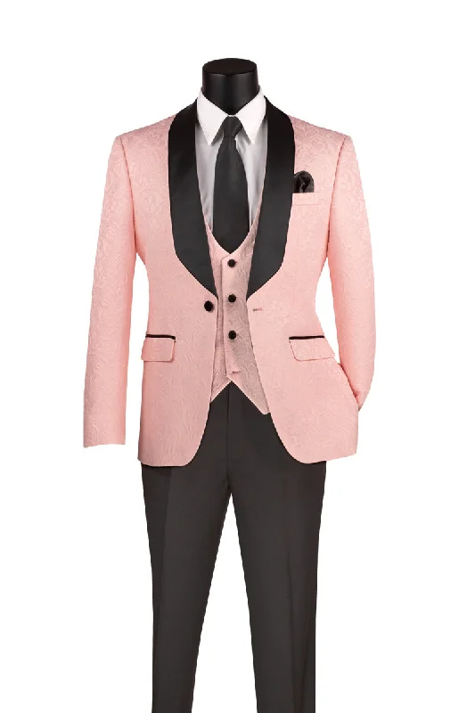 Pink Jaquard Three Piece Slim Fit Tuxedo