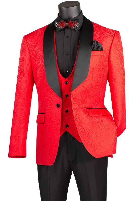 Red Jaquard Three Piece Slim Fit Tuxedo