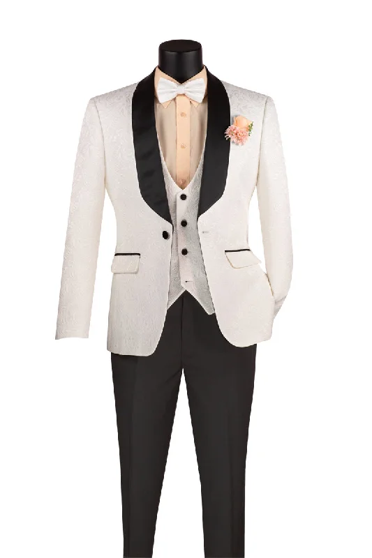 White Jaquard Three Piece Slim Fit Tuxedo