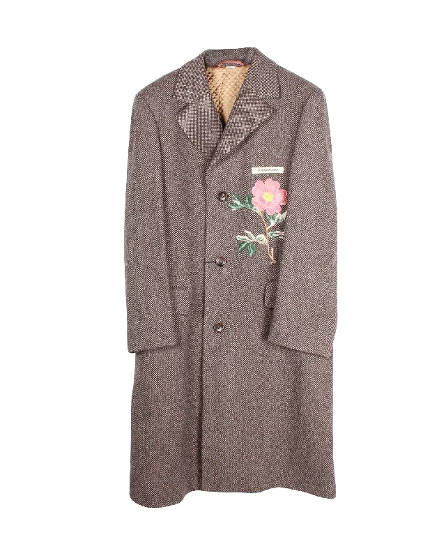 Gucci Floral Embroidered Checked Coat in Brown Wool