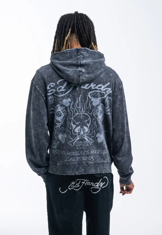 Mens Mono Acid Flaming Skull Zip Through Hoodie - Charcoal