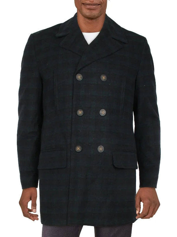 Mens Wool Blend Plaid Pea Coat