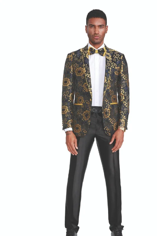 Brillante Collection: Men's Floral Pattern Blazer With Interior Pic Stitching in Gold