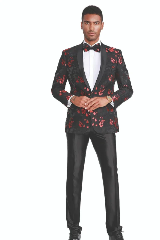 Decoroso Collection: Men's Floral Pattern Blazer With Interior Pic Stitching in Black & Red