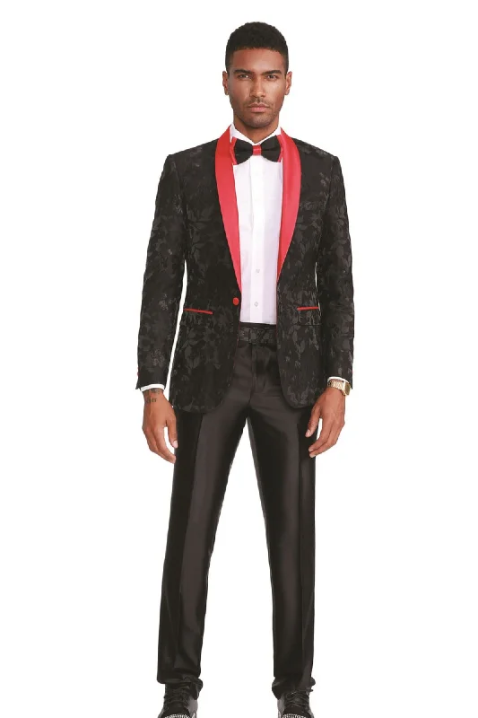 Decoroso Collection: Men's Floral Pattern Blazer With Interior Pic Stitching in Red & Black