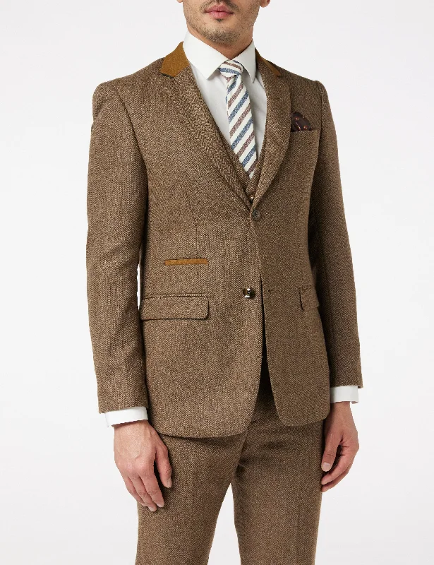 HERRINGBONE TWEED TAN BROWN JACKET