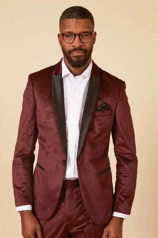 SIMON - Velvet Wine Tux Lapel Jacquard Blazer