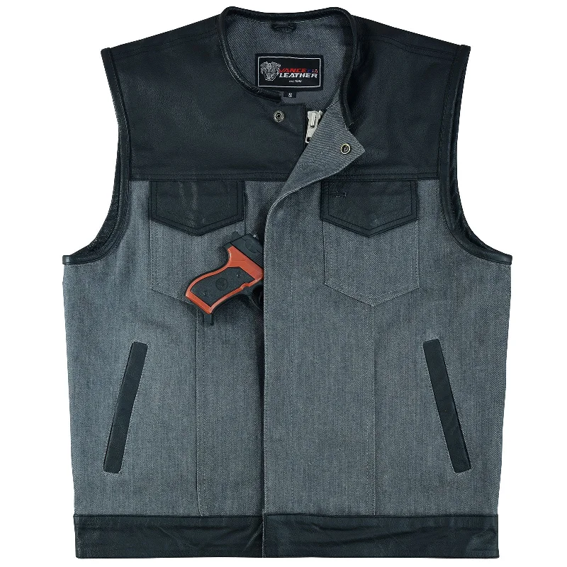 VB910G Vance Leathers Men's Grey Denim & Leather Motorcycle Vest with CCW Pockets