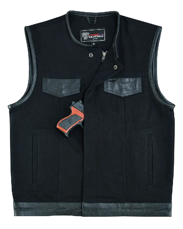 VB919L Denim Black Collarless Club Vest with Leather trims