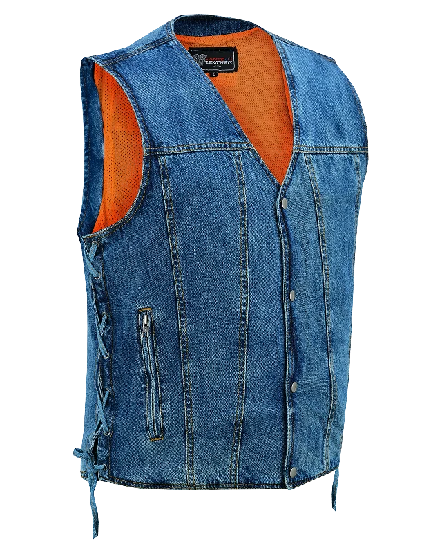 VB939BL Men's Blue V-Neck Denim Vest for Motorcycle Riders