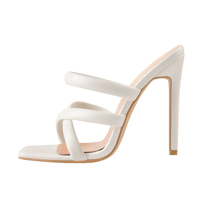 Men's sandals with a stretchy strap for a better fitWhite Square Toe Matte High Heels Sandals