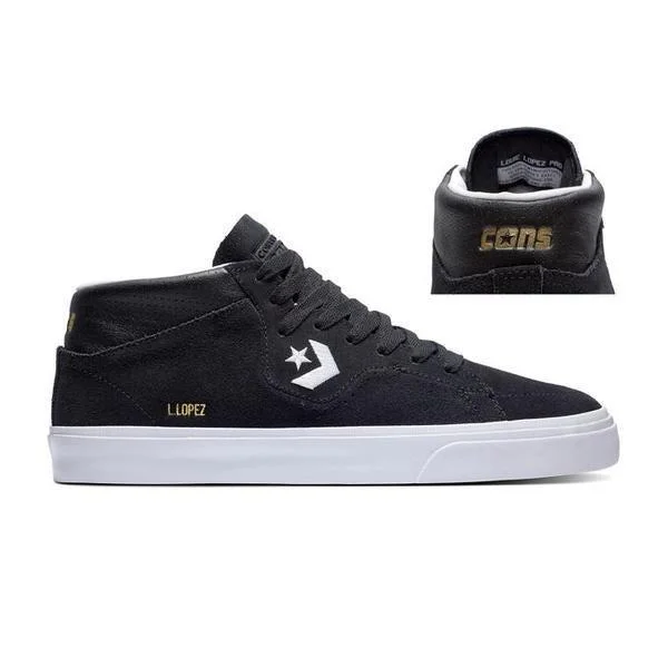 Men's high - top leather sneakers with a zip - up sideConverse Louie Lopez Pro Mid Black - Black - White Men's high - top leather sneakers with a zip - up sideConverse Louie Lopez Pro Mid Black - Black - White