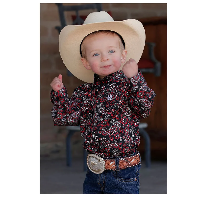 Men's western boots with a decorative inlay on the toe and heelCinch Infant Black & Red Paisley Button Down Men's western boots with a decorative inlay on the toe and heelCinch Infant Black & Red Paisley Button Down