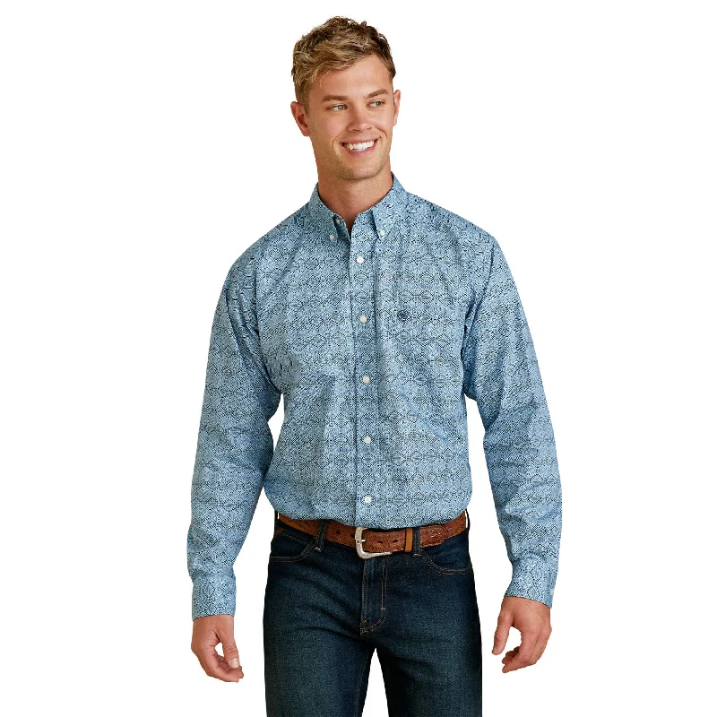 Men's western boots with a leather sole and a heel guardAriat Men's Blue and White Fitted Iverson Men's western boots with a leather sole and a heel guardAriat Men's Blue and White Fitted Iverson