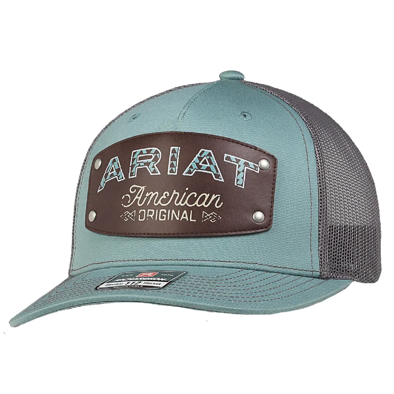 Men's western boots with a traditional western boot silhouette and a polished shineAriat Blue & Grey Leather Patch Cap Men's western boots with a traditional western boot silhouette and a polished shineAriat Blue & Grey Leather Patch Cap