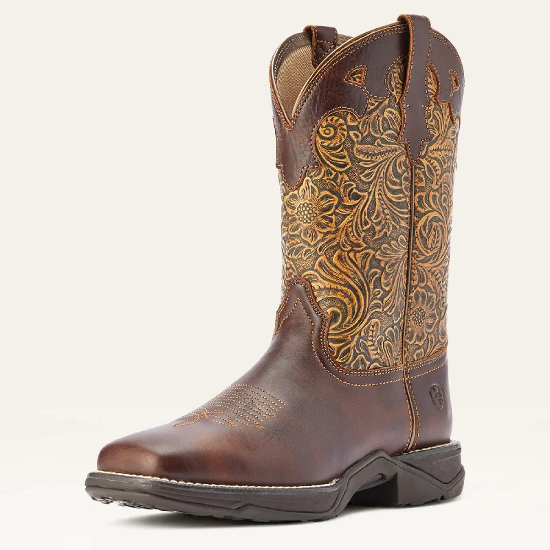 Men's western boots with a decorative inlay on the toe and heelAriat Women's Clay and Brown Floral Square Toe Boots Men's western boots with a decorative inlay on the toe and heelAriat Women's Clay and Brown Floral Square Toe Boots