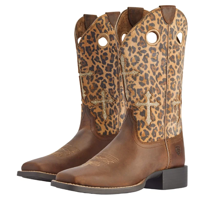 Men's western boots with a leather sole and a heel guardAriat Round Up Crossroads Tan Leopard Western Boot Men's western boots with a leather sole and a heel guardAriat Round Up Crossroads Tan Leopard Western Boot