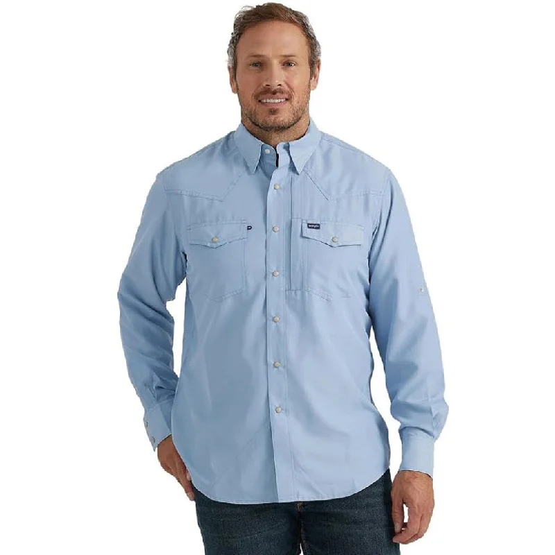 Men's western boots with a high - heeled design and a pointed toeWrangler Men's Performance Long Sleeve in Neutral Blue Men's western boots with a high - heeled design and a pointed toeWrangler Men's Performance Long Sleeve in Neutral Blue