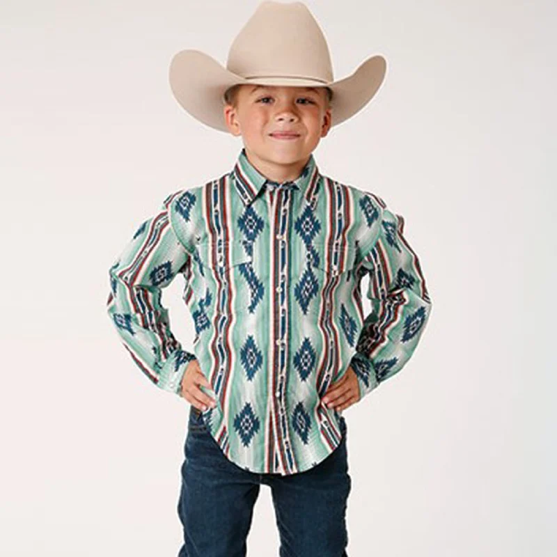 Men's western boots with a decorative inlay on the toe and heelRoper Boys Green/Blue Aztec Striped Shirt Men's western boots with a decorative inlay on the toe and heelRoper Boys Green/Blue Aztec Striped Shirt