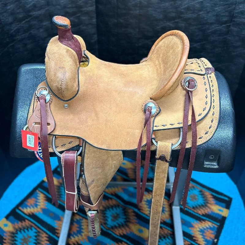 Men's western boots with a tooled leather design on the shaftHR Saddlery Roughout Jr Association Saddle Men's western boots with a tooled leather design on the shaftHR Saddlery Roughout Jr Association Saddle