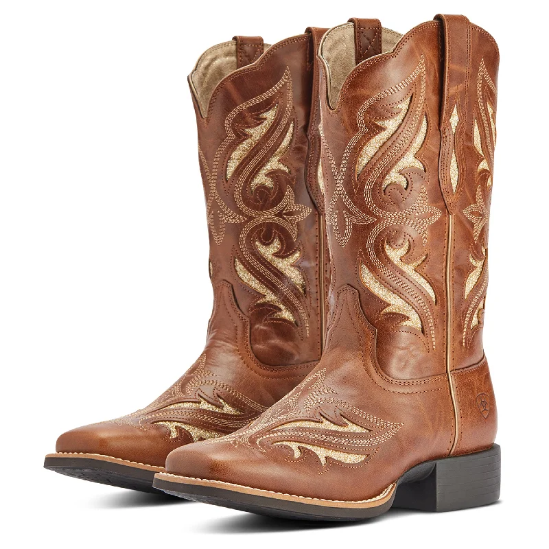 Men's western boots with a decorative inlay on the toe and heelAriat Women's Round Up Bliss Midday Tan Square Toe Men's western boots with a decorative inlay on the toe and heelAriat Women's Round Up Bliss Midday Tan Square Toe
