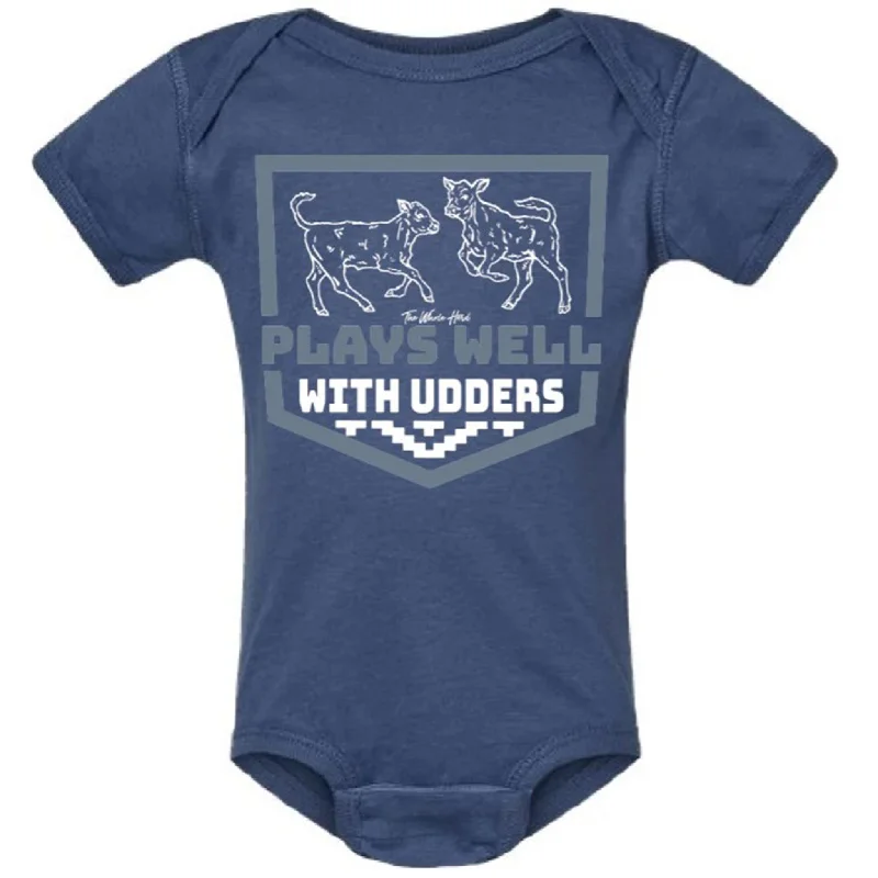 Men's western boots with a tooled leather design on the shaftThe Whole Herd Infant Plays Well With Udders Onesie Men's western boots with a tooled leather design on the shaftThe Whole Herd Infant Plays Well With Udders Onesie
