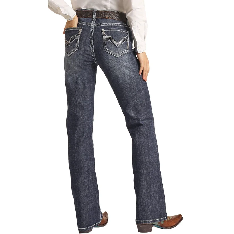 Men's western boots with a traditional western boot silhouette and a polished shineRock & Roll Cowgirl Raised Denim Embroidery Jeans Men's western boots with a traditional western boot silhouette and a polished shineRock & Roll Cowgirl Raised Denim Embroidery Jeans