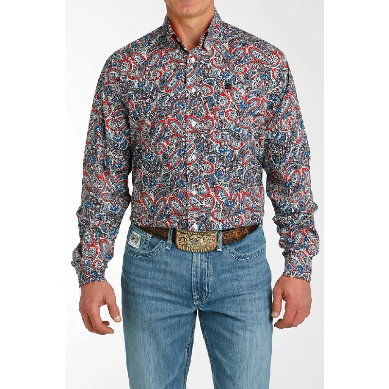 Men's western boots with a scalloped edge and a pull - on strapCinch Men's Red,White & Blue Paisley Long Sleeve Men's western boots with a scalloped edge and a pull - on strapCinch Men's Red,White & Blue Paisley Long Sleeve