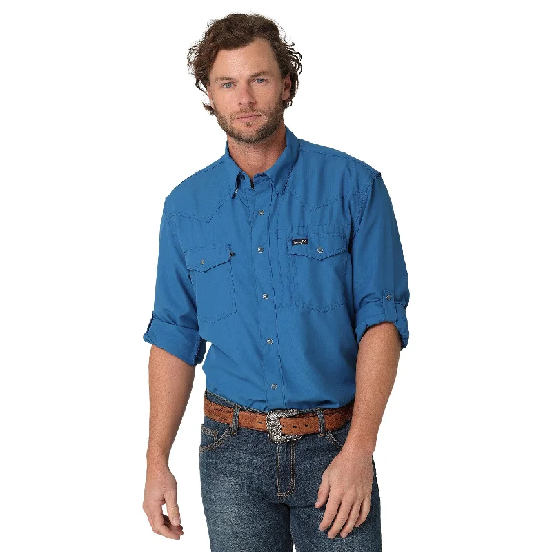 Men's western boots with a concho - studded strap and a pointed toeWrangler Men's Solid High Tide Blue Shirt Men's western boots with a concho - studded strap and a pointed toeWrangler Men's Solid High Tide Blue Shirt