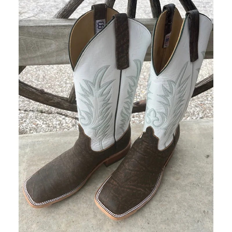 Men's western boots with a decorative inlay on the toe and heelAnderson Bean Tan Safari Cape Buffalo Square Toe Boot Men's western boots with a decorative inlay on the toe and heelAnderson Bean Tan Safari Cape Buffalo Square Toe Boot