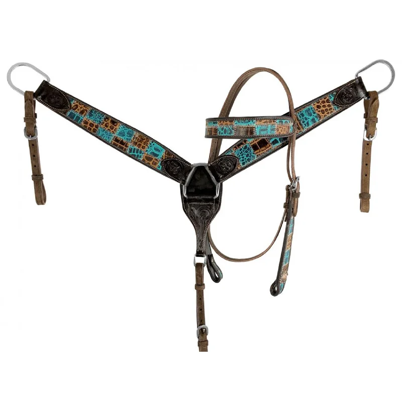 Men's western boots with a high - heeled design and a pointed toeShowman Teal Gator Patch Headstall/Breast Collar Men's western boots with a high - heeled design and a pointed toeShowman Teal Gator Patch Headstall/Breast Collar