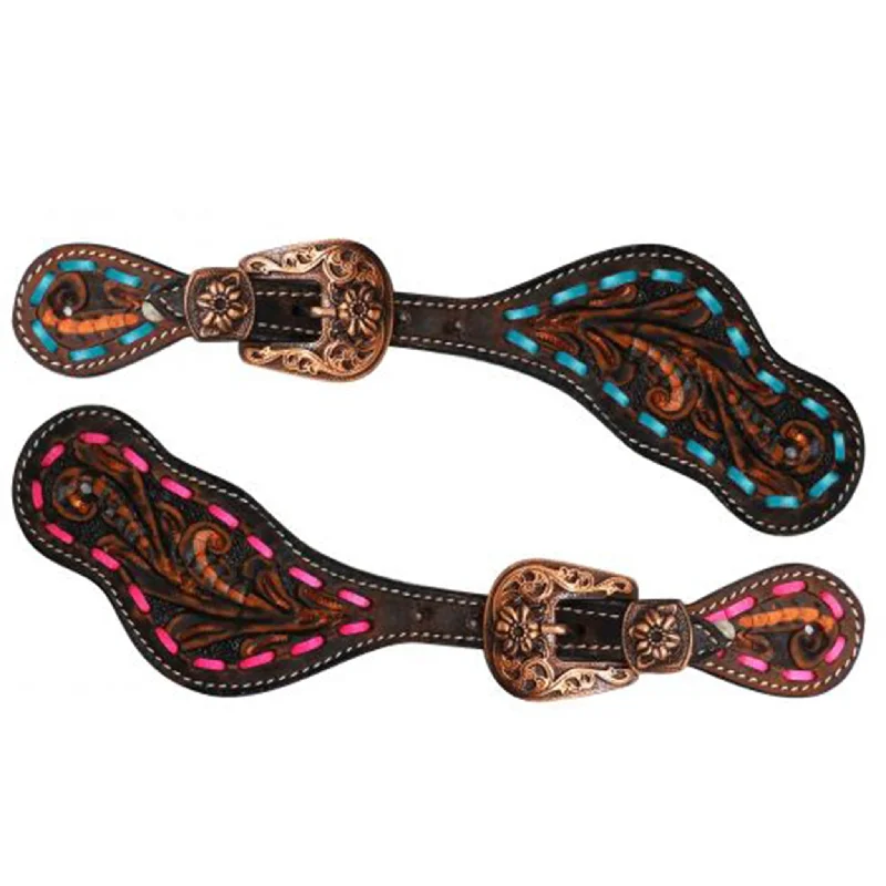 Men's western boots with a decorative concho belt and buckleShowman Ladies Floral Tooling with Buckstitch Spur Straps Men's western boots with a decorative concho belt and buckleShowman Ladies Floral Tooling with Buckstitch Spur Straps