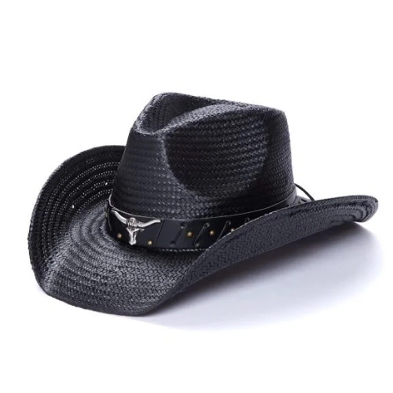 Men's western boots with a decorative concho belt and buckleBlack Longhorn Toyo Straw Hat Men's western boots with a decorative concho belt and buckleBlack Longhorn Toyo Straw Hat
