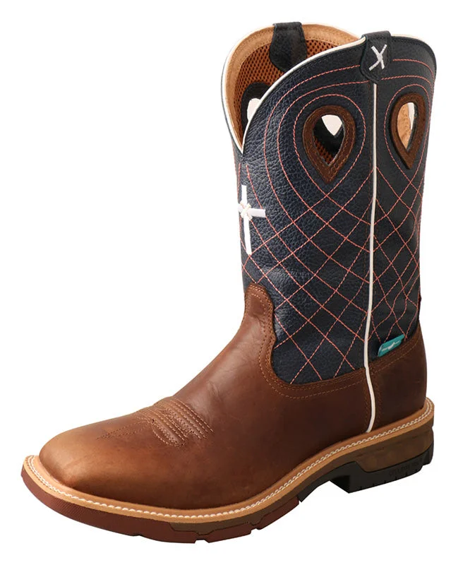 Men's western boots with a leather - wrapped heel and a smooth finishTwisted X Men's Mocha/Navy Alloy Square Toe Boot Men's western boots with a leather - wrapped heel and a smooth finishTwisted X Men's Mocha/Navy Alloy Square Toe Boot