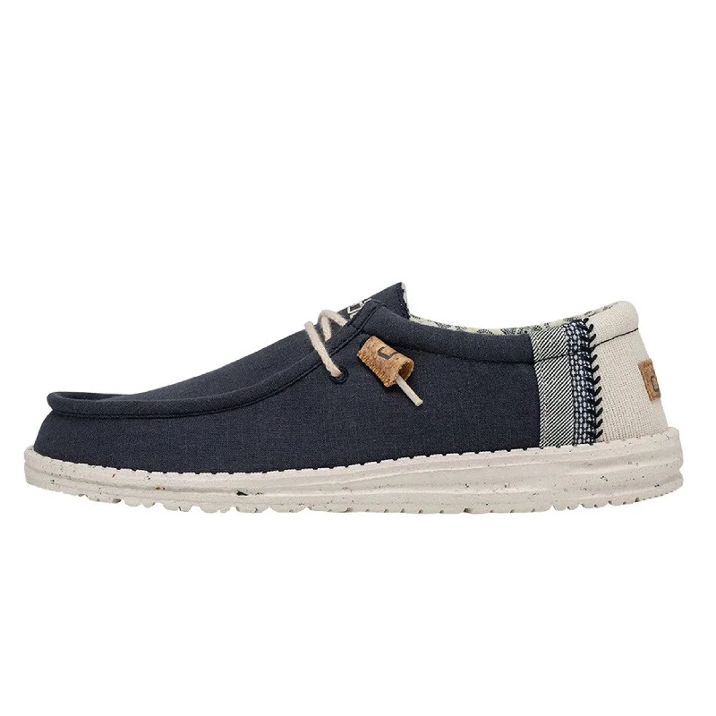 Men's western boots with a scalloped edge and a pull - on strapHey Dude Wally Linen Natural Navy Men's western boots with a scalloped edge and a pull - on strapHey Dude Wally Linen Natural Navy